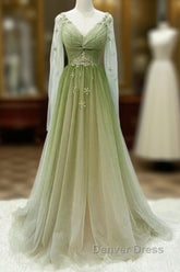 A-Line Green Gradient Tulle Long Sleeves Party Dresses, V-Neckline Green Formal Dresses Prom Dresses